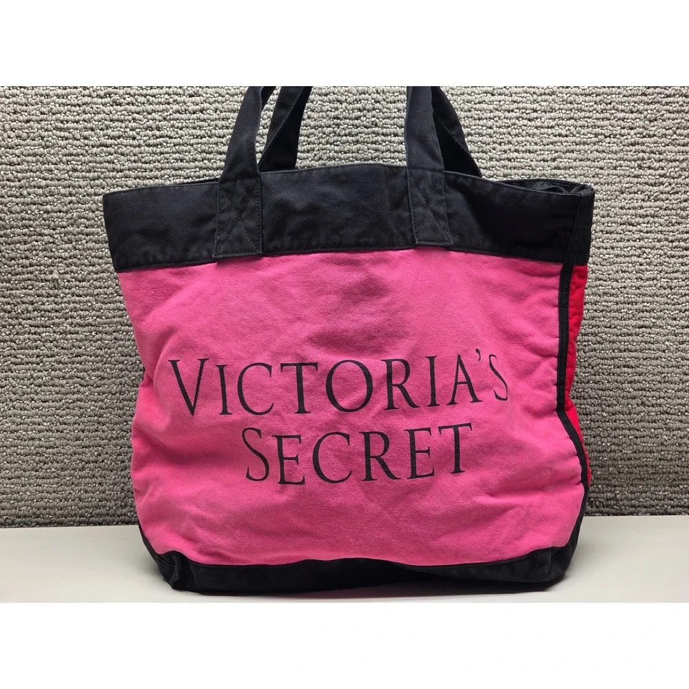 Victorias Secret Canvas Tote Bag Pink Red Black Logo Colorblock Large Handbag